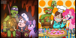 Size: 1600x806 | Tagged: safe, artist:moominded, derpibooru import, pinkie pie, twilight sparkle, earth pony, pony, crossover, cupcake, dipper pines, donatello, gravity falls, journal #3, mabel pines, michelangelo, pizza, teenage mutant ninja turtles