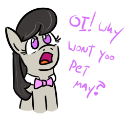 Size: 445x405 | Tagged: safe, artist:jargon scott, octavia melody, earth pony, pony, accent, bowtie, british, bronybait, cockney, cute, dialogue, female, funetik aksent, looking up, mare, octchavia, oi, open mouth, sad, solo, tavibetes, u wot m8