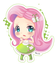 Size: 600x690 | Tagged: safe, artist:love2eategg, fluttershy, equestria girls, anime, blushing, boots, chibi, clothes, cute, female, hairpin, human coloration, looking at you, open mouth, shirt, shoes, shyabetes, simple background, skirt, solo, tanktop, white background