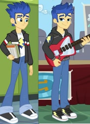 Size: 720x989 | Tagged: safe, edit, edited screencap, screencap, flash sentry, best trends forever, equestria girls, equestria girls (movie), equestria girls series, clothes, comparison, converse, cyoa, electric guitar, guitar, hoodie, jacket, looking at you, male, pants, shoes, smiling, sneakers