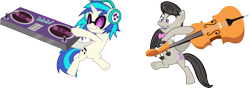 Size: 13544x4774 | Tagged: safe, artist:masem, dj pon-3, octavia melody, vinyl scratch, earth pony, pony, unicorn, slice of life (episode), .ai available, absurd resolution, bowtie, cello, cutie mark, female, headphones, hooves, horn, mare, mixing console, musical instrument, open mouth, simple background, sunglasses, teeth, transparent background, turntable, vector