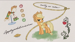 Size: 1920x1080 | Tagged: safe, screencap, applejack, earth pony, pony, apple, clothes, dress, food, lasso, mannequin, official, peek behind the boutique, pie, rope, youtube link