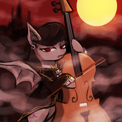 Size: 750x750 | Tagged: safe, artist:lumineko, octavia melody, bat pony, earth pony, pony, vampire, vampony, 30 minute art challenge, bat ponified, batavia, cello, clothes, earring, fangs, frown, glare, hoof hold, looking at you, musical instrument, piercing, race swap, solo, spread wings