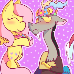 Size: 3150x3150 | Tagged: safe, artist:papersquid26, discord, fluttershy, draconequus, pegasus, pony, crossed arms, discoshy, duo, female, floral head wreath, flower, hoof hold, male, mare, shipping, straight, tsundere