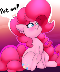 Size: 2000x2400 | Tagged: safe, artist:madacon, pinkie pie, earth pony, pony, blushing, cheek fluff, chest fluff, cute, dialogue, diapinkes, ear fluff, female, fluffy, gradient background, looking up, mare, open mouth, petting, ponk, shoulder fluff, smiling, solo, underhoof