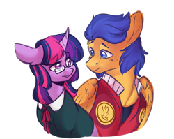 Size: 1279x1016 | Tagged: safe, artist:yuyusunshine, flash sentry, twilight sparkle, alternate hairstyle, alternate universe, clothes, female, flashlight, freckles, glasses, jock, male, shipping, simple background, straight, transparent background