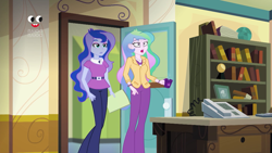 Size: 1912x1080 | Tagged: safe, screencap, princess celestia, princess luna, principal celestia, vice principal luna, better together, equestria girls, holidays unwrapped, blizzard or bust, celestia's office, clothes, cutie mark, cutie mark accessory, cutie mark on clothes, jaw drop, plusplus, wide eyes