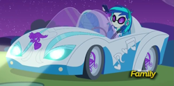 Size: 1205x597 | Tagged: safe, screencap, dj pon-3, vinyl scratch, equestria girls, rainbow rocks, bassmobile, car, hood ornament