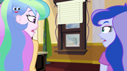 Size: 1912x1080 | Tagged: safe, screencap, princess celestia, princess luna, principal celestia, vice principal luna, better together, equestria girls, holidays unwrapped, blizzard or bust, celestia's office, female, open mouth, plusplus, profile view