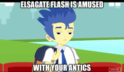 Size: 800x465 | Tagged: safe, flash sentry, equestria girls, elsagate, flash sentry is not amused, image macro, lidded eyes, meme, solo, unamused