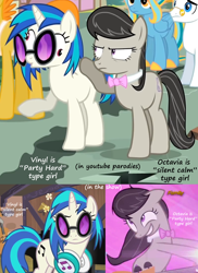 Size: 1786x2452 | Tagged: safe, artist:mysteryben, screencap, dj pon-3, octavia melody, vinyl scratch, oc, oc:artsy feathers, oc:mystery (mysteryben), earth pony, pony, slice of life (episode), backwards cutie mark, comparison, crazy face, derp, epic rage time, faic, insertavia, irony, larson you magnificent bastard, m.a. larson, personality swap