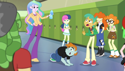 Size: 1920x1080 | Tagged: safe, screencap, bon bon, drama letter, golden hazel, princess celestia, principal celestia, sandalwood, scribble dee, snails, snips, sweetie drops, watermelody, better together, do it for the ponygram!, equestria girls, bottle, challenge, clothes, skirt