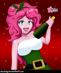 Size: 837x1000 | Tagged: safe, artist:clouddg, pinkie pie, human, equestria girls, alcohol, bare shoulders, big breasts, breasts, champagne, clothes, cute, diapinkes, dress, female, hairband, holiday, looking at you, open mouth, pinkie pies, saint patrick's day, smiling, solo, wine bottle