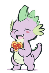 Size: 595x878 | Tagged: safe, artist:ende26, spike, dragon, baby, baby dragon, blushing, cute, eyes closed, fire ruby, gem, happy, male, open mouth, simple background, smiling, solo, spikabetes, white background