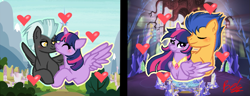 Size: 969x374 | Tagged: safe, artist:bel-thesweet-sylveon, flash sentry, thunderlane, twilight sparkle, twilight sparkle (alicorn), alicorn, pegasus, pony, base used, female, flashlight, heart, male, mare, shipping, stallion, straight, twilane