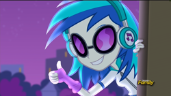 Size: 1920x1080 | Tagged: safe, screencap, dj pon-3, vinyl scratch, equestria girls, rainbow rocks, discovery family, discovery family logo, glasses, smiling, thumbs up