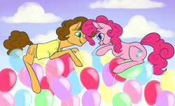 Size: 2490x1500 | Tagged: safe, cheese sandwich, pinkie pie, earth pony, pony, balloon, duo, smiling