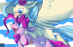 Size: 5100x3300 | Tagged: safe, artist:draikinator, pinkie pie, princess skystar, classical hippogriff, earth pony, hippogriff, pony, my little pony: the movie, cute, female, flying, lesbian, open mouth, shipping, skypie