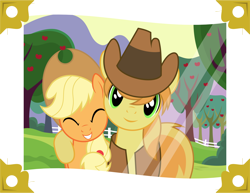 Size: 3788x2920 | Tagged: safe, artist:brony-works, applejack, braeburn, earth pony, pony, apple family reunion, eyes closed, female, happy, high res, hug, male, photo, vector