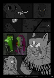 Size: 1295x1868 | Tagged: safe, artist:underwoodart, pinkie pie, oc, oc:z'ian, pony, zebra, ask pink-pony, cave troll, cloak, clothes, comic, monochrome, neo noir, partial color, pinkamena diane pie, potion, third eye, zebra oc