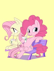 Size: 1224x1632 | Tagged: safe, artist:manmaru00, derpibooru exclusive, fluttershy, pinkie pie, pegasus, pony, armpits, bench, drink, drinking, duo, hoof hold, looking at you, simple background, sitting, yellow background