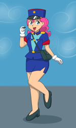 Size: 600x1000 | Tagged: safe, artist:empyu, pinkie pie, human, anime, belt, clothes, crossover, cute, diapinkes, feminism, happy, hat, high heels, humanized, kepi, legs, lipstick, miniskirt, moe, officer jenny, pokémon, police, police uniform, sassapinkes, shoes, side slit, skirt, smiling, solo, warrior, warrior pie