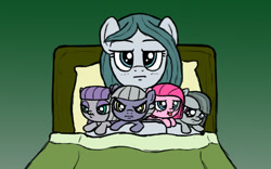 Size: 1422x888 | Tagged: safe, artist:banebuster, cloudy quartz, limestone pie, marble pie, maud pie, pinkie pie, earth pony, pony, baby, baby pony, bed, female, mother and child, mother and daughter, parent and child, pie sisters, quadruplets, siblings, sisters, tongue out