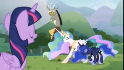 Size: 1920x1080 | Tagged: safe, screencap, discord, princess celestia, princess luna, alicorn, pony, the ending of the end, bowing, leak