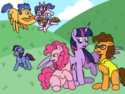 Size: 2048x1536 | Tagged: safe, artist:achuni, artist:kindheart525, artist:randomdoesthings, derpibooru import, cheese sandwich, flash sentry, pinkie pie, twilight sparkle, twilight sparkle (alicorn), oc, oc:confetti surprise, oc:dusk star, oc:galaxy guard, alicorn, earth pony, pegasus, pony, unicorn, collaboration, cheesepie, digital art, female, glasses, kindverse, male, next generation, offspring, parent:cheese sandwich, parent:flash sentry, parent:pinkie pie, parent:silver script, parent:twilight sparkle, parents:cheesepie, parents:flashlight, parents:twiscript, shipping, story in the source, story included, straight