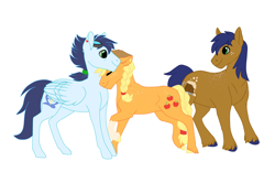 Size: 3200x2000 | Tagged: safe, artist:silcybell, applejack, soarin', oc, oc:apple cider, earth pony, pony, braid, female, male, neck nuzzle, nuzzling, offspring, parent:applejack, parent:soarin', parents:soarinjack, raised hoof, shipping, simple background, soarinjack, straight, unshorn fetlocks, white background