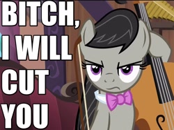 Size: 800x600 | Tagged: safe, edit, edited screencap, screencap, octavia melody, earth pony, pony, slice of life (episode), angry, bow (instrument), bowtie, caption, cello, cello bow, dialogue, female, frown, image macro, mare, musical instrument, reaction image, solo, threat, vulgar