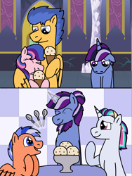 Size: 1537x2048 | Tagged: safe, artist:kindheart525, flash sentry, oc, oc:dusk star, oc:galaxy guard, oc:moonbow, oc:orange soda, pegasus, pony, unicorn, digital art, father and child, father and daughter, father and son, female, food, ice cream, kindverse, magical gay spawn, male, next generation, offspring, offspring's offspring, parent and child, parent:flash sentry, parent:oc:dusk star, parent:oc:firework, parent:silver script, parent:twilight sparkle, parents:flashlight, parents:twiscript