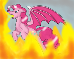 Size: 1023x816 | Tagged: safe, artist:daedric-dragon, pinkie pie, dracony, dragon, hybrid, pony, dragonified, female, fire, fire breath, mare, pinkiedragon, solo, species swap