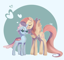 Size: 2805x2627 | Tagged: safe, artist:waackery, fluttershy, ocellus, changedling, changeling, pegasus, pony, school daze, cute, diaocelles, duo, female, fluttermom, heart, mama fluttershy, mare, maternal instinct, motherly, shyabetes, simple background, smiling, spread wings, standing, wings