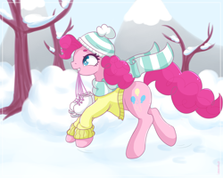Size: 5000x4000 | Tagged: safe, artist:lemanda, pinkie pie, earth pony, pony, absurd resolution, clothes, coat, female, hat, ice skates, mare, scarf, skates, smiling, snow, solo, tree, winter outfit