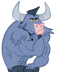 Size: 480x480 | Tagged: safe, artist:songoharotto, iron will, minotaur, angry, cute, fine art parody, madorable, necktie, nose piercing, nose ring, piercing, simple background, solo, the thinker, white background, willabetes