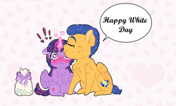 Size: 1380x833 | Tagged: safe, artist:miyathegoldenflower, flash sentry, twilight sparkle, twilight sparkle (alicorn), alicorn, blushing, blushing profusely, cheek fluff, chest fluff, exclamation point, female, flashlight, floppy ears, forehead kiss, heart, heart eyes, male, shipping, speech bubble, straight, white day, wingding eyes