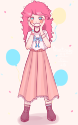Size: 1878x3000 | Tagged: safe, artist:beatrice66, pinkie pie, human, clothes, grin, humanized, long skirt, shirt, shoes, skirt, smiling, solo