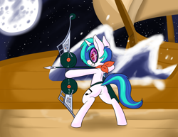 Size: 1650x1275 | Tagged: safe, artist:zanezandell, dj pon-3, vinyl scratch, pony, unicorn, arrow, bass cannon, bipedal, bow (weapon), bow and arrow, female, fight, hooves, horn, mare, moon, night, plot, solo, sunglasses, teeth, weapon, wubonry