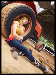 Size: 1728x2304 | Tagged: safe, artist:krazykari, applejack, human, clothes, cosplay, costume, irl, irl human, photo, solo, tractor