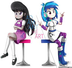 Size: 1685x1574 | Tagged: safe, artist:the-butch-x, dj pon-3, octavia melody, vinyl scratch, equestria girls, album cover, bowtie, clothes, crossed legs, female, headphones, mary janes, shoes, signature, skirt, socks