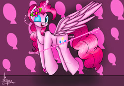 Size: 1600x1120 | Tagged: safe, artist:aiyanmanno, pinkie pie, alicorn, pony, alicornified, flower, flower in hair, magic, one eye closed, pinkiecorn, race swap, royalty, solo, wink, xk-class end-of-the-world scenario