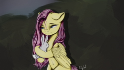 Size: 3840x2160 | Tagged: safe, artist:labglab, angel bunny, fluttershy, pegasus, pony, rabbit, belly button, eye, eyes, female, floppy ears, mare, rcf community, solo, wings