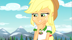 Size: 1100x618 | Tagged: safe, screencap, applejack, equestria girls, legend of everfree, camp everfree outfits, clothes, cowboy hat, female, freckles, hat, mountain, scenery, solo, stetson, tree