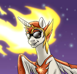 Size: 1000x962 | Tagged: safe, artist:not-ordinary-pony, derpibooru exclusive, daybreaker, princess celestia, alicorn, pony, female, mane of fire, mare, reference, smiling, solo, sunglasses