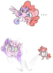 Size: 500x682 | Tagged: safe, artist:nobody, edit, pinkie pie, princess flurry heart, pony, the crystalling, ..., :p, :t, abuse, bipedal, eye scream, flurrybuse, image macro, me vs you, meme, simple background, sketch, spread wings, throwing, tongue out, white background, wide eyes, wings