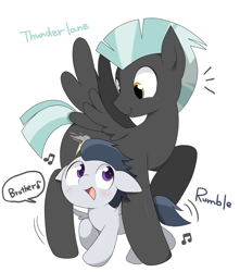 Size: 1100x1246 | Tagged: safe, artist:oniku, rumble, thunderlane, pegasus, pony, brothers, colt, cute, male, music notes, rumblebetes, simple background, speech bubble, stallion, thunderbetes, white background