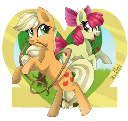 Size: 1584x1500 | Tagged: safe, artist:biskhuit, apple bloom, applejack, earth pony, pony, hatless, lasso, missing accessory, mouth hold, rearing, rope