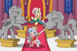 Size: 1800x1200 | Tagged: safe, artist:anonpotato, artist:skitter, edit, cozy glow, discord, fluttershy, princess celestia, princess luna, alicorn, cockatrice, pegasus, pony, /mlp/, a better ending for cozy, bad end, carpet, crown, decapitated, drawthread, evil fluttershy, good end, jewelry, petrification, rearing, red carpet, regalia, revenge, severed head, sitting, standing, sword, throne, throne room, weapon