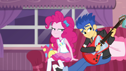 Size: 1920x1080 | Tagged: safe, artist:bigpurplemuppet99, edit, edited screencap, screencap, flash sentry, pinkie pie, better together, equestria girls, pinkie sitting, female, geode of sugar bombs, guitar, magical geodes, male, pinkiesentry